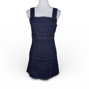 Good Time Dark Wash Denim Jumper Dress Sleeveless Decorative Button Strap Sz L